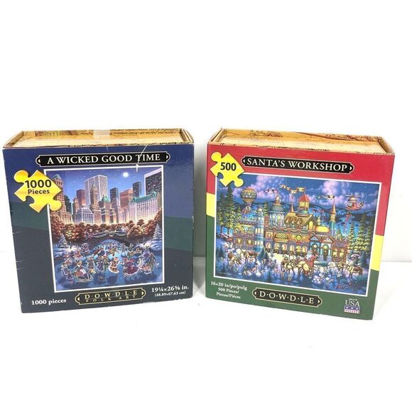Dowdle Folk Art Jigsaw Puzzles A Wicked Good Time 1000pc Santa’s Workshop 500pc